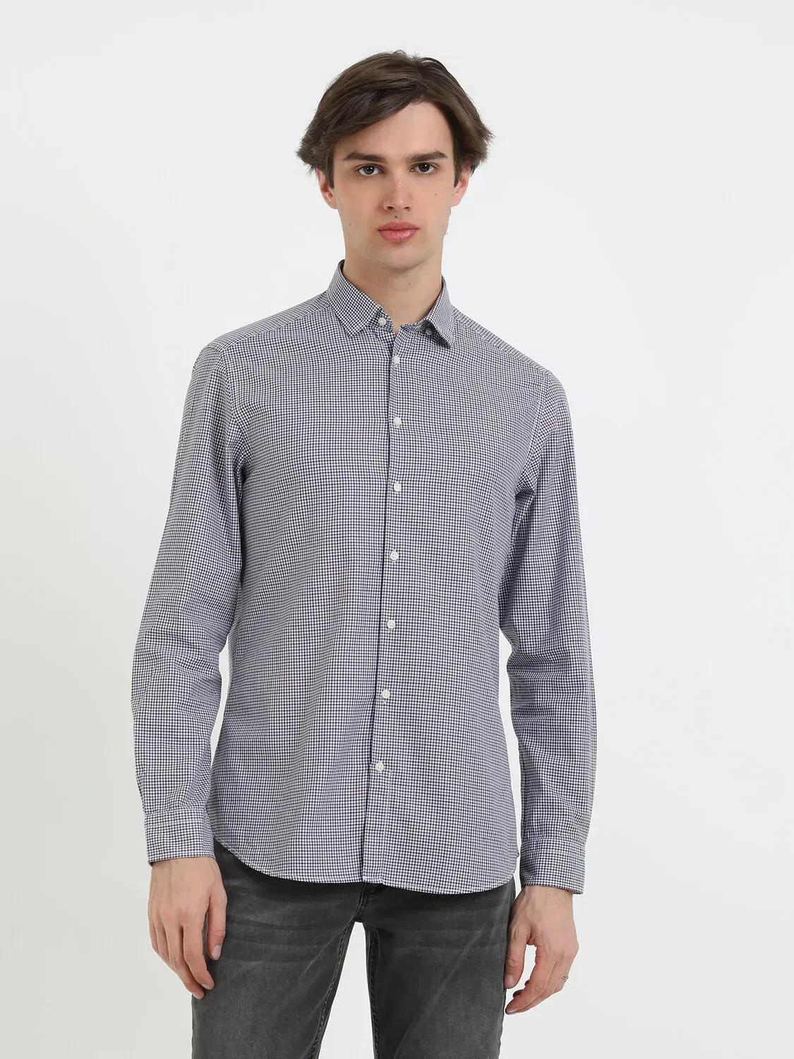 Mor Kareli Slim Fit Dokuma Casual %100 Pamuk Gömlek - 1