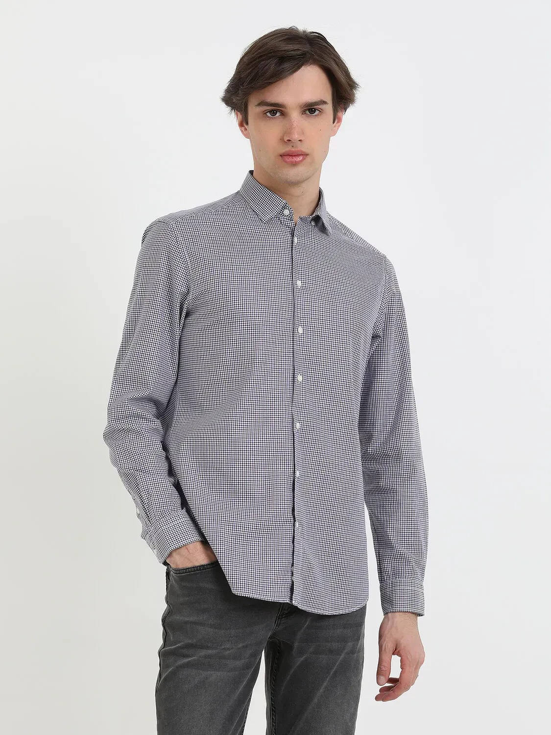 Mor Kareli Slim Fit Dokuma Casual %100 Pamuk Gömlek - 3