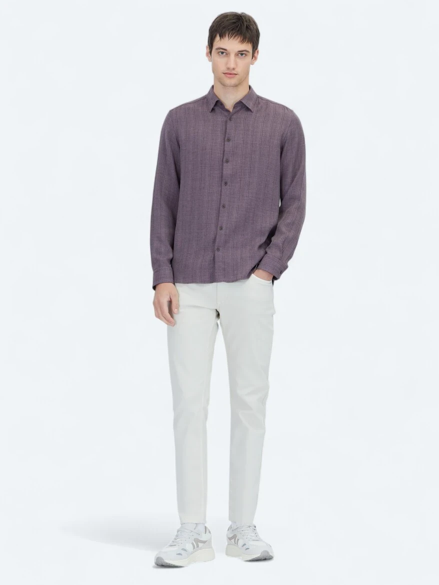 Mürdüm Çizgili Regular Fit Dokuma Casual Gömlek - 2