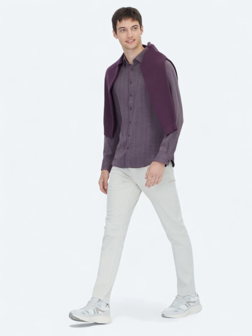 Mürdüm Çizgili Regular Fit Dokuma Casual Gömlek - 3