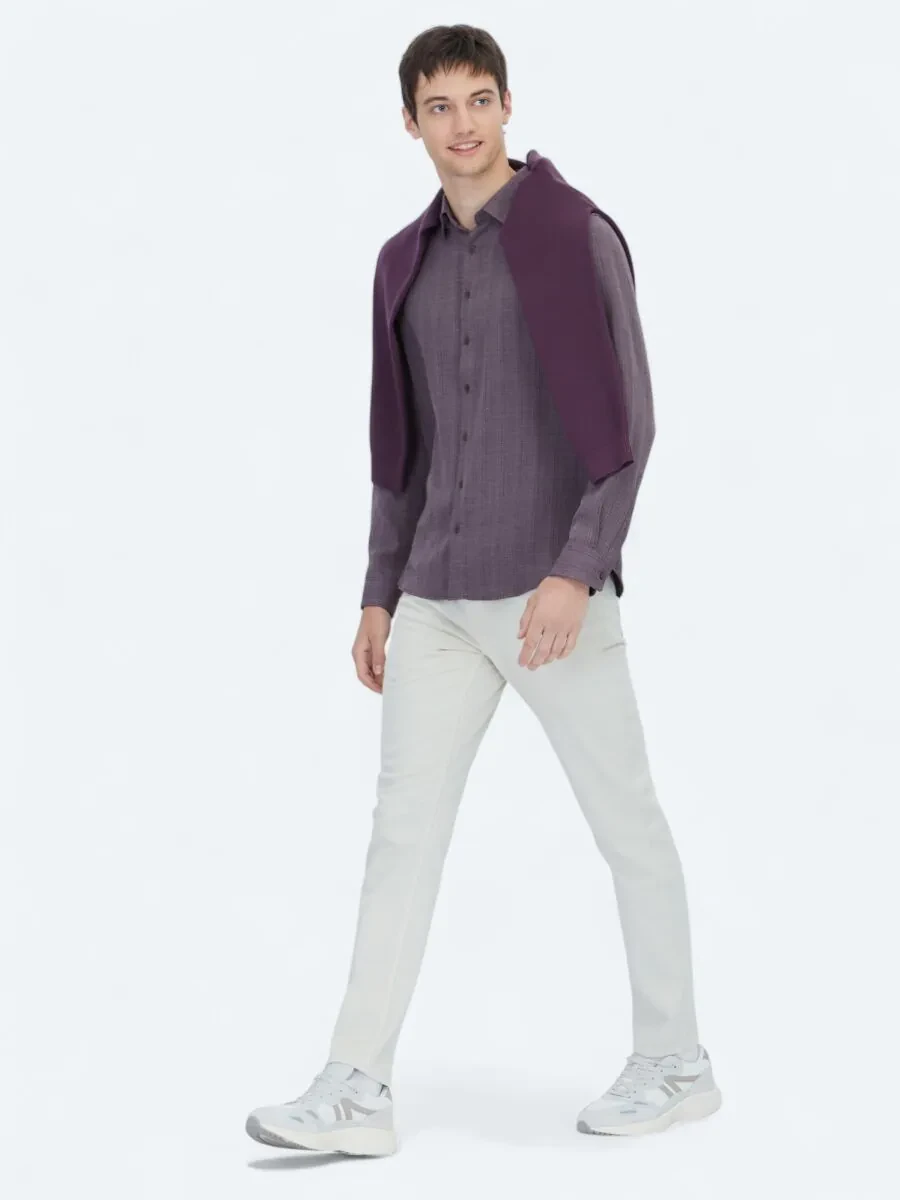 Mürdüm Çizgili Regular Fit Dokuma Casual Gömlek - 3