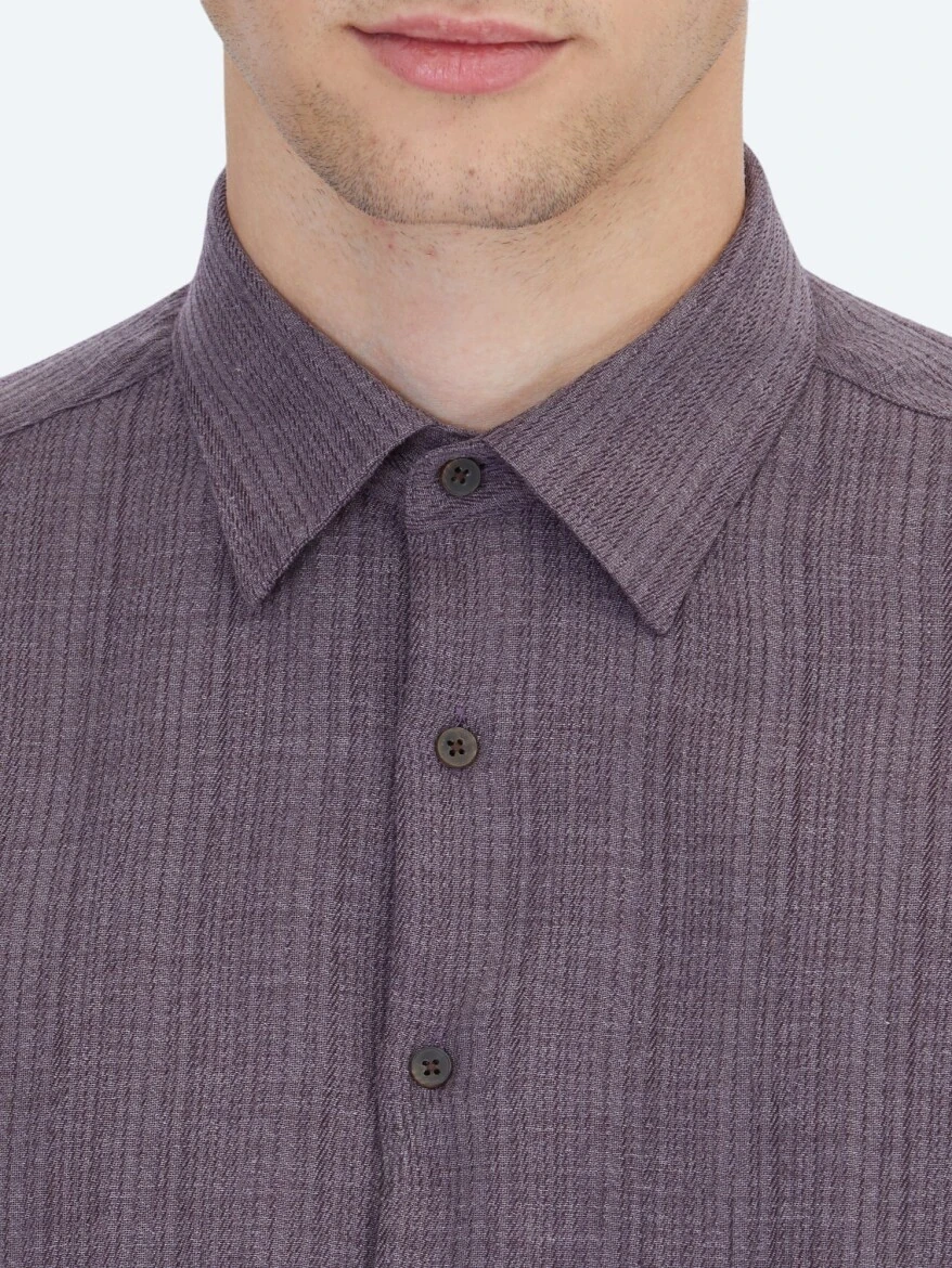 Mürdüm Çizgili Regular Fit Dokuma Casual Gömlek - 7