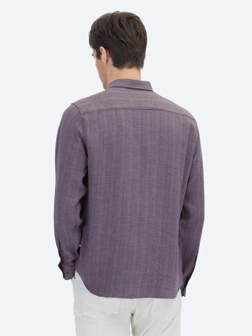 Mürdüm Çizgili Regular Fit Dokuma Casual Gömlek - 8