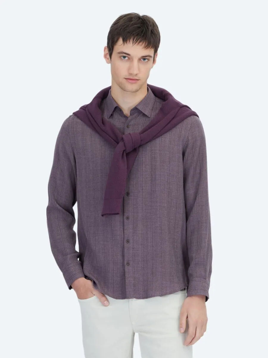 Mürdüm Çizgili Regular Fit Dokuma Casual Gömlek - 4