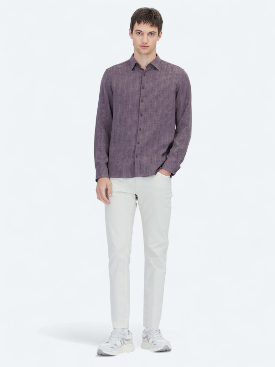 Mürdüm Çizgili Regular Fit Dokuma Casual Gömlek - 2