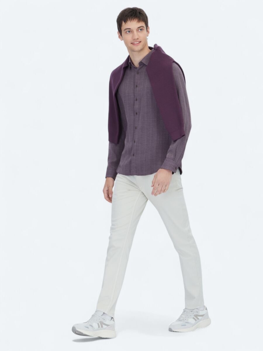 Mürdüm Çizgili Regular Fit Dokuma Casual Gömlek - 3