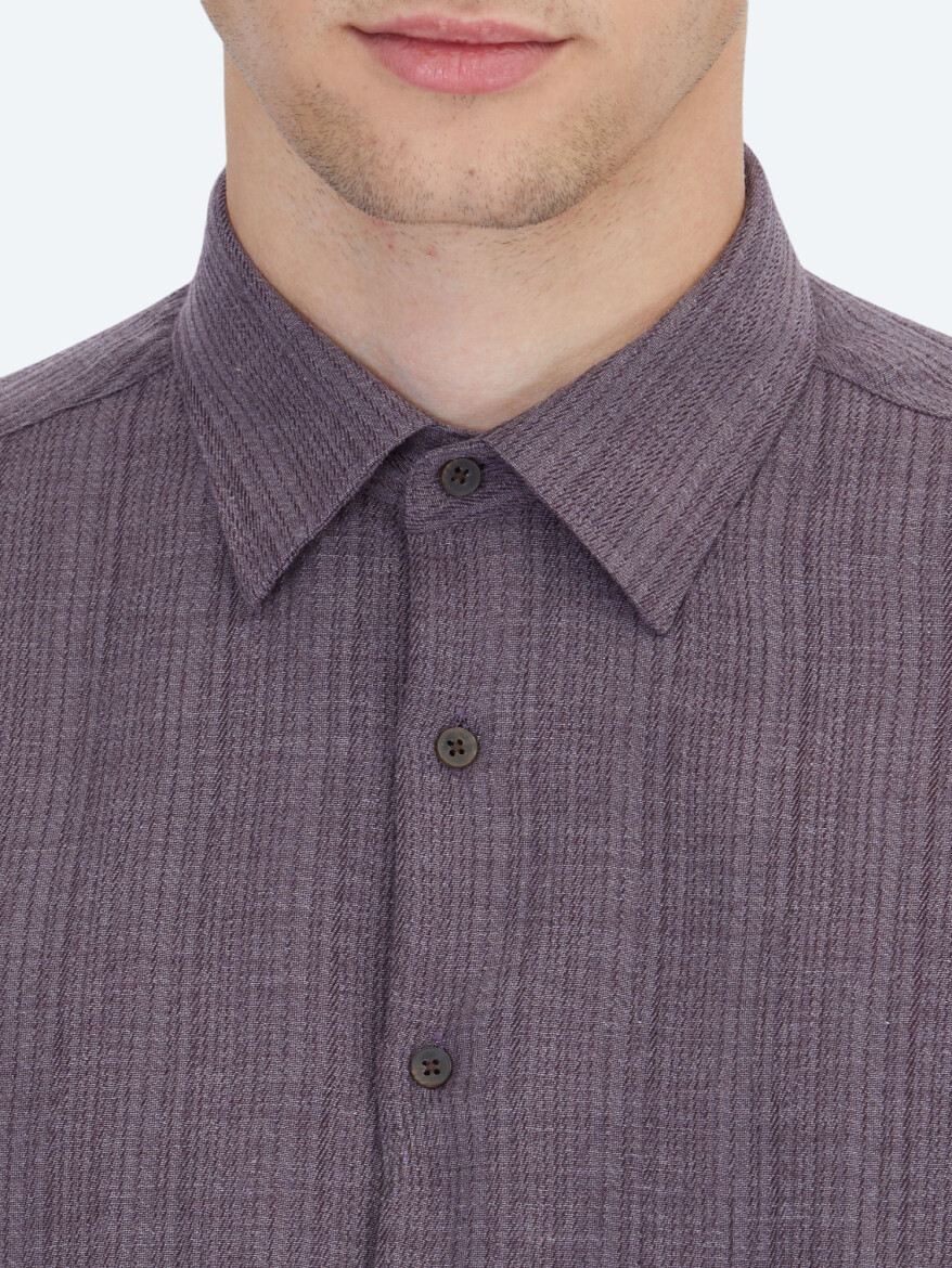 Mürdüm Çizgili Regular Fit Dokuma Casual Gömlek - 7