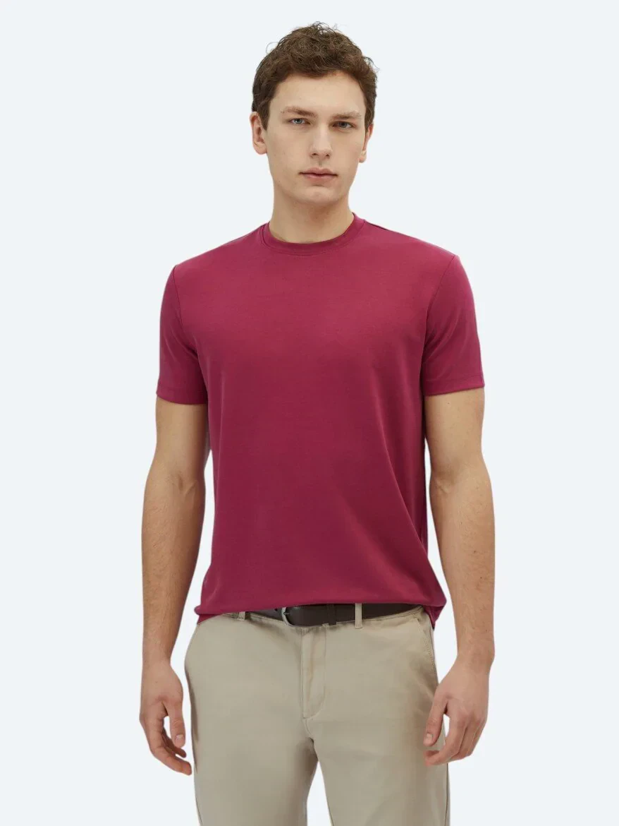 Mürdüm Düz Bisiklet Yaka T-Shirt - 1