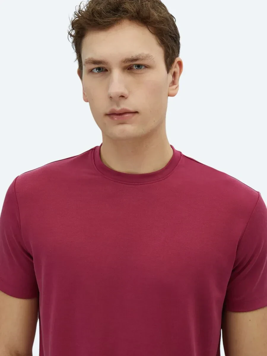 Mürdüm Düz Bisiklet Yaka T-Shirt - 3