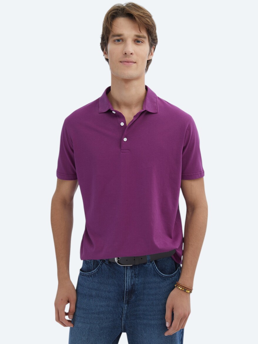 Mürdüm Düz Polo Yaka %100 Pamuk T-Shirt - KİP