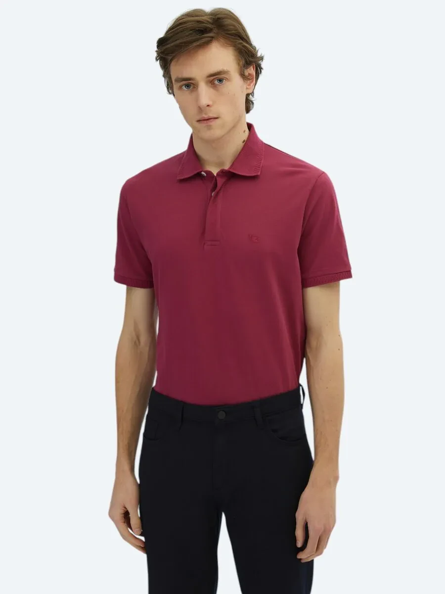 Mürdüm Düz Polo Yaka %100 Pamuk T-Shirt - 1
