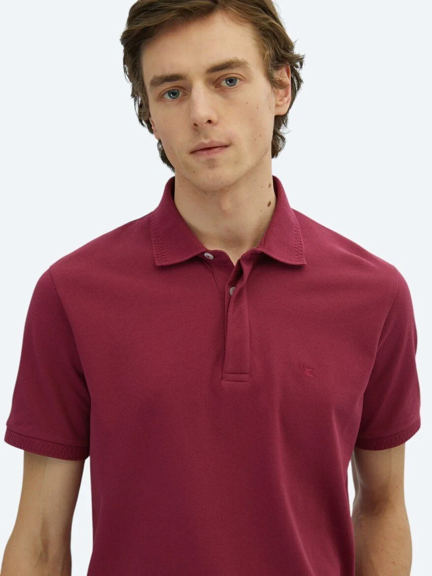 Mürdüm Düz Polo Yaka %100 Pamuk T-Shirt - 3