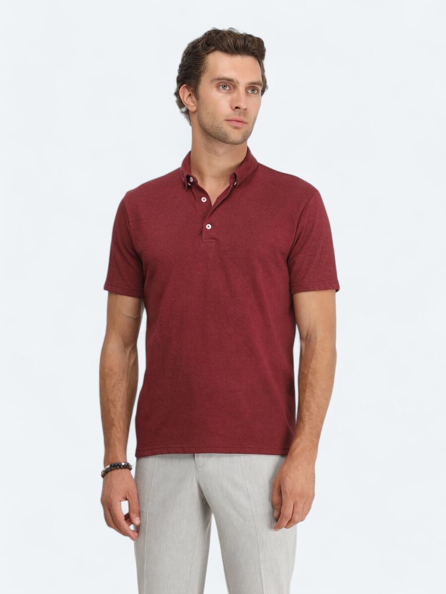 Mürdüm Düz Polo Yaka Pamuk Karışımlı T-Shirt - 2