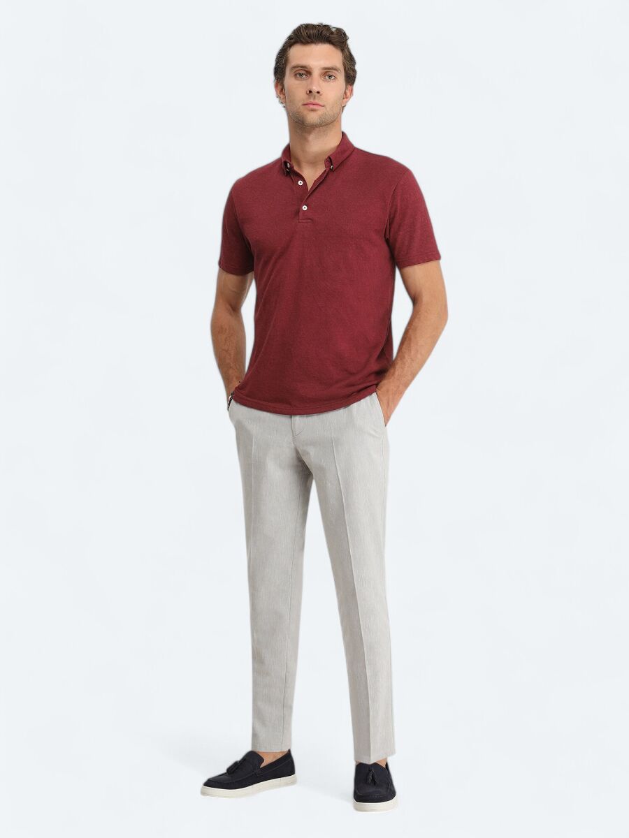 Mürdüm Düz Polo Yaka Pamuk Karışımlı T-Shirt - 3