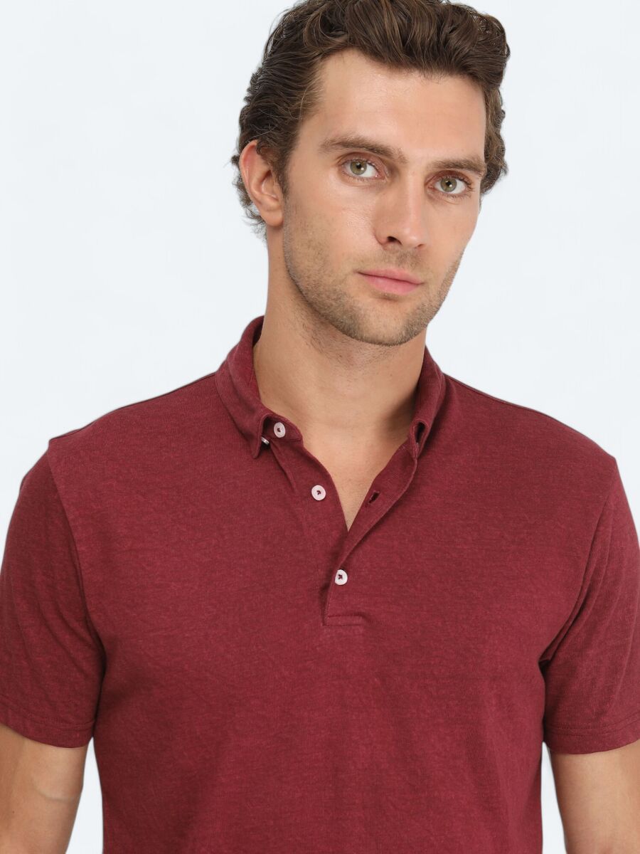 Mürdüm Düz Polo Yaka Pamuk Karışımlı T-Shirt - 4