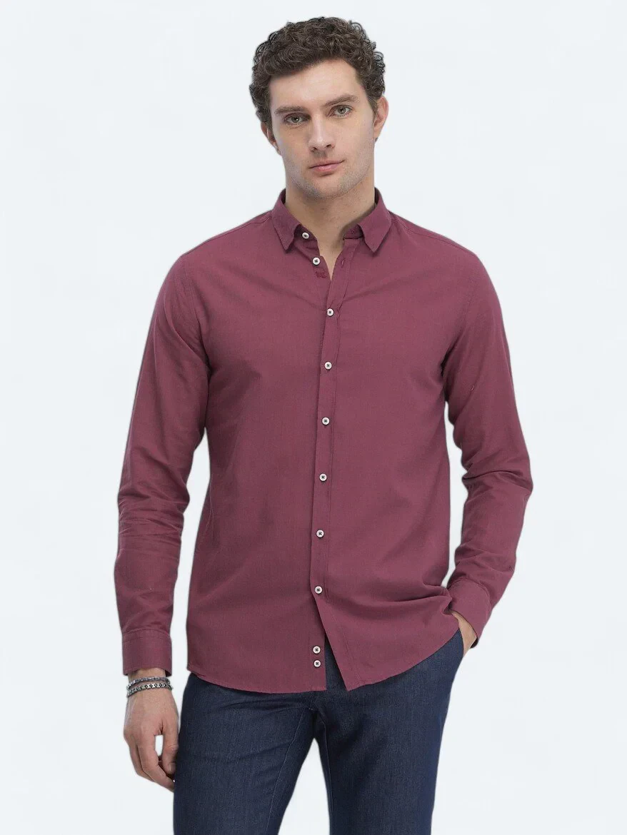 Mürdüm Düz Regular Fit Dokuma Casual %100 Pamuk Gömlek - 1