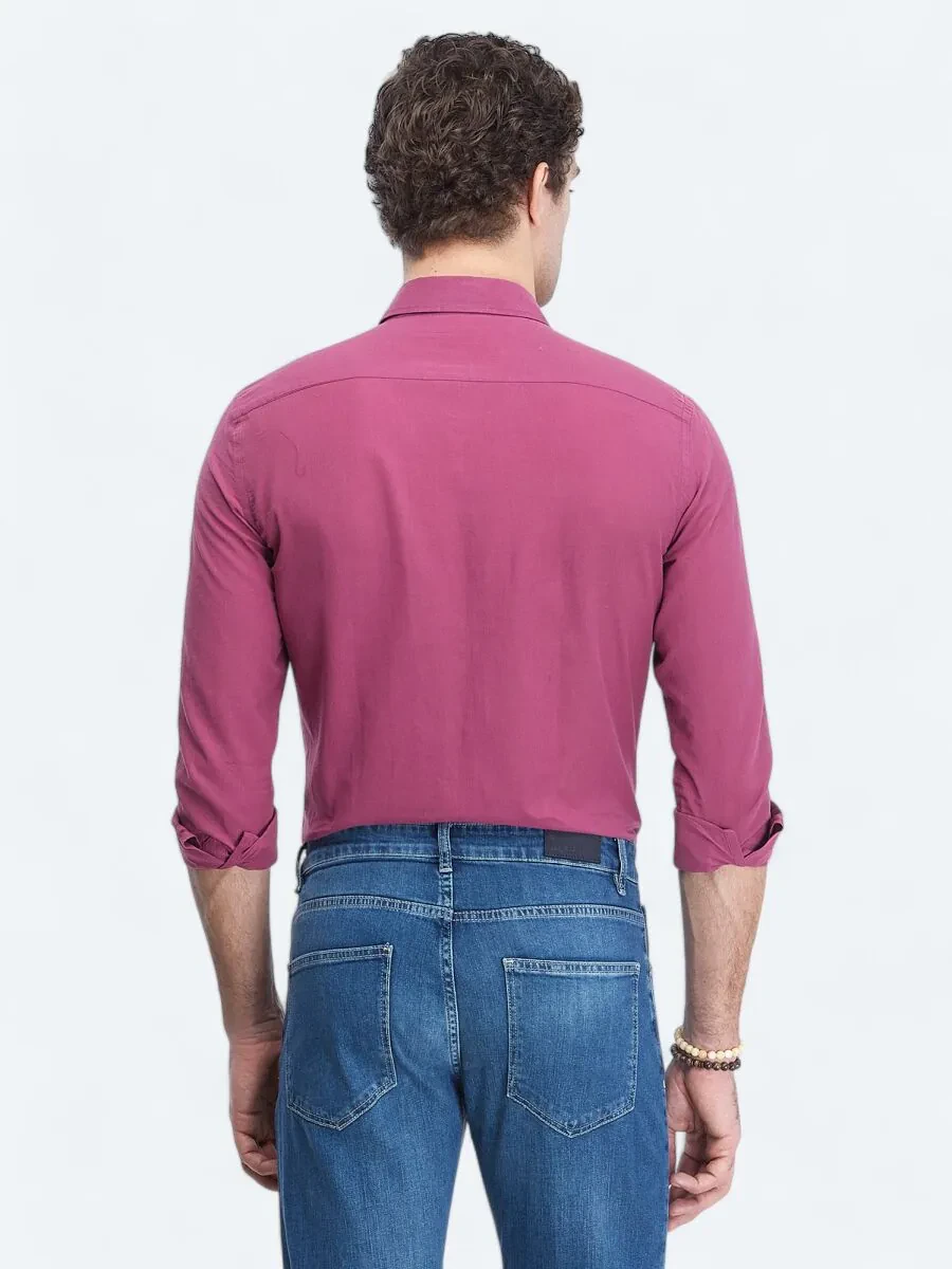 Mürdüm Düz Regular Fit Dokuma Casual %100 Pamuk Gömlek - 5