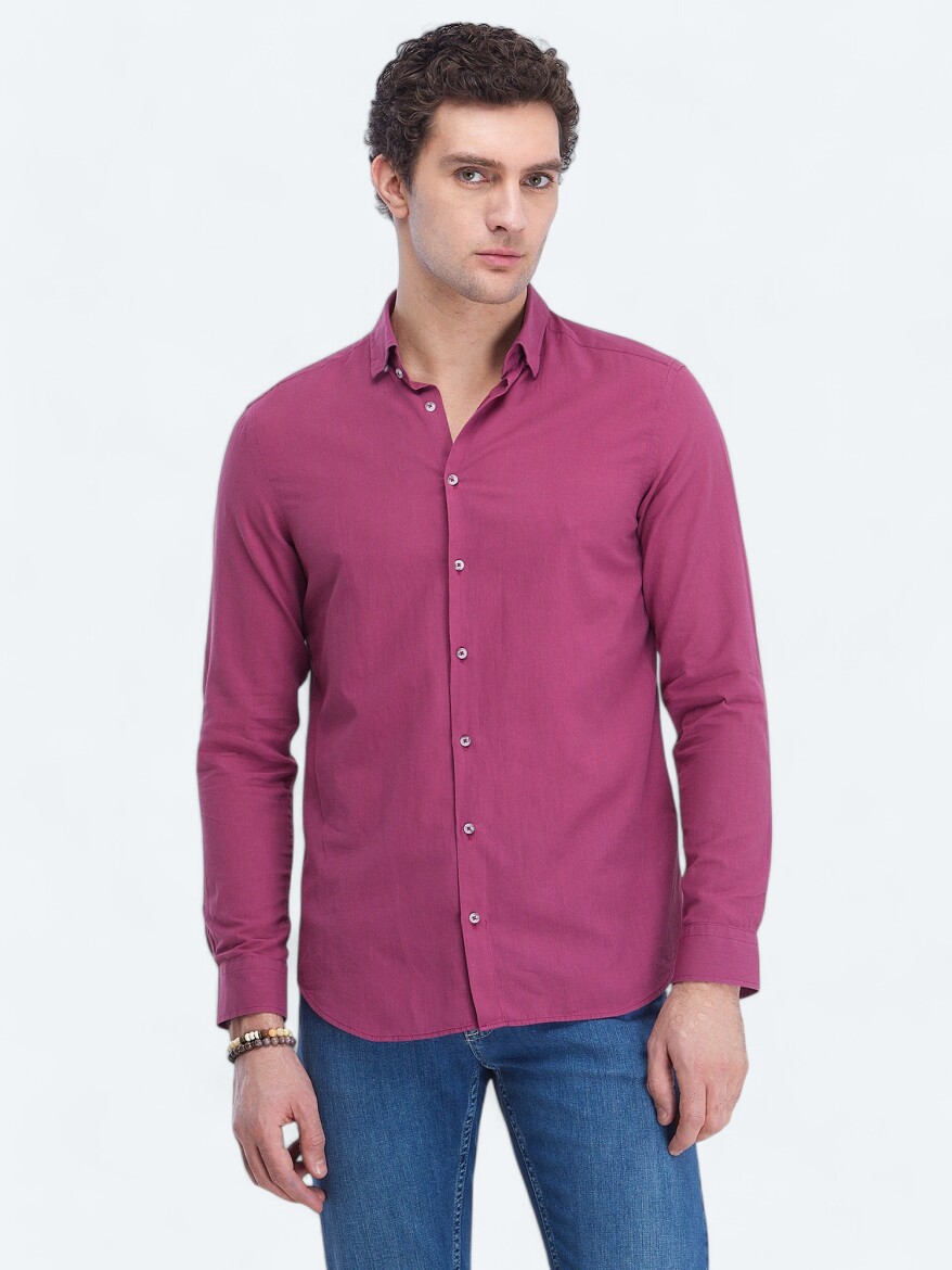 Mürdüm Düz Regular Fit Dokuma Casual %100 Pamuk Gömlek - 1