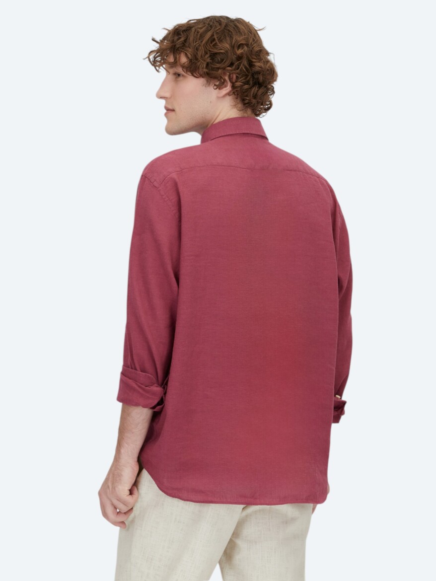Mürdüm Düz Regular Fit Dokuma Casual Pamuk Karışımlı Gömlek - 5