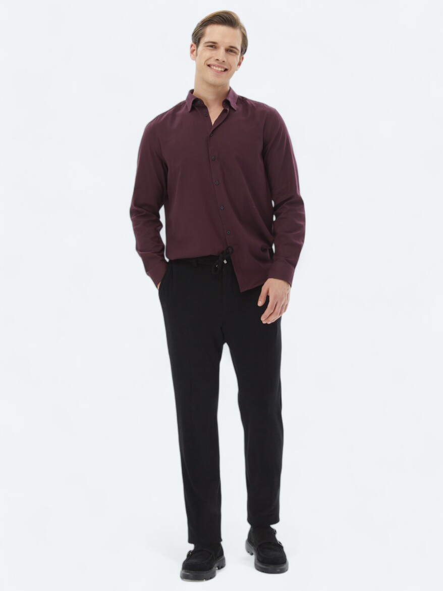 Mürdüm Düz Regular Fit Uzun Dokuma Casual Pamuk Karışımlı Gömlek - 2
