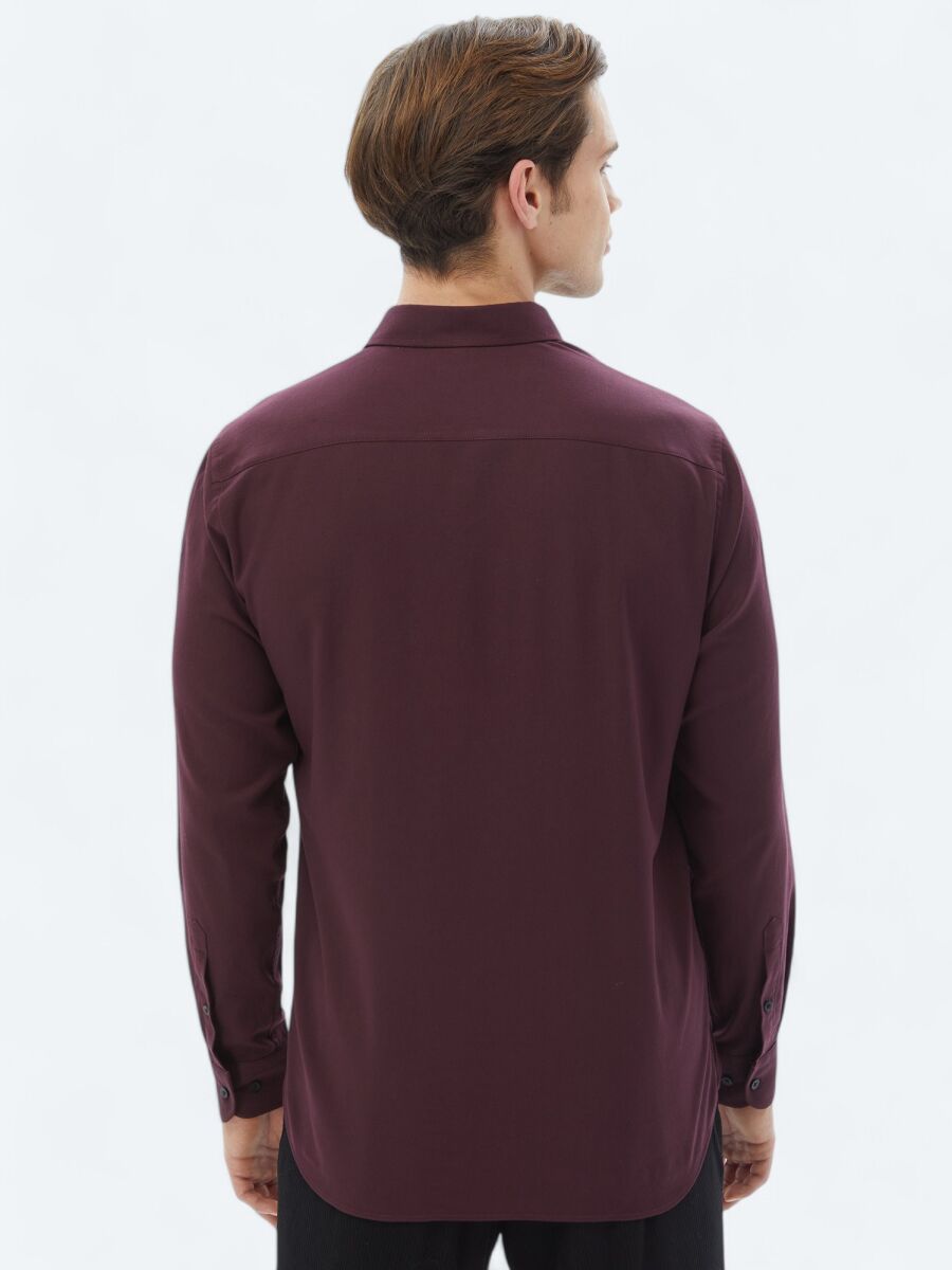 Mürdüm Düz Regular Fit Uzun Dokuma Casual Pamuk Karışımlı Gömlek - 6