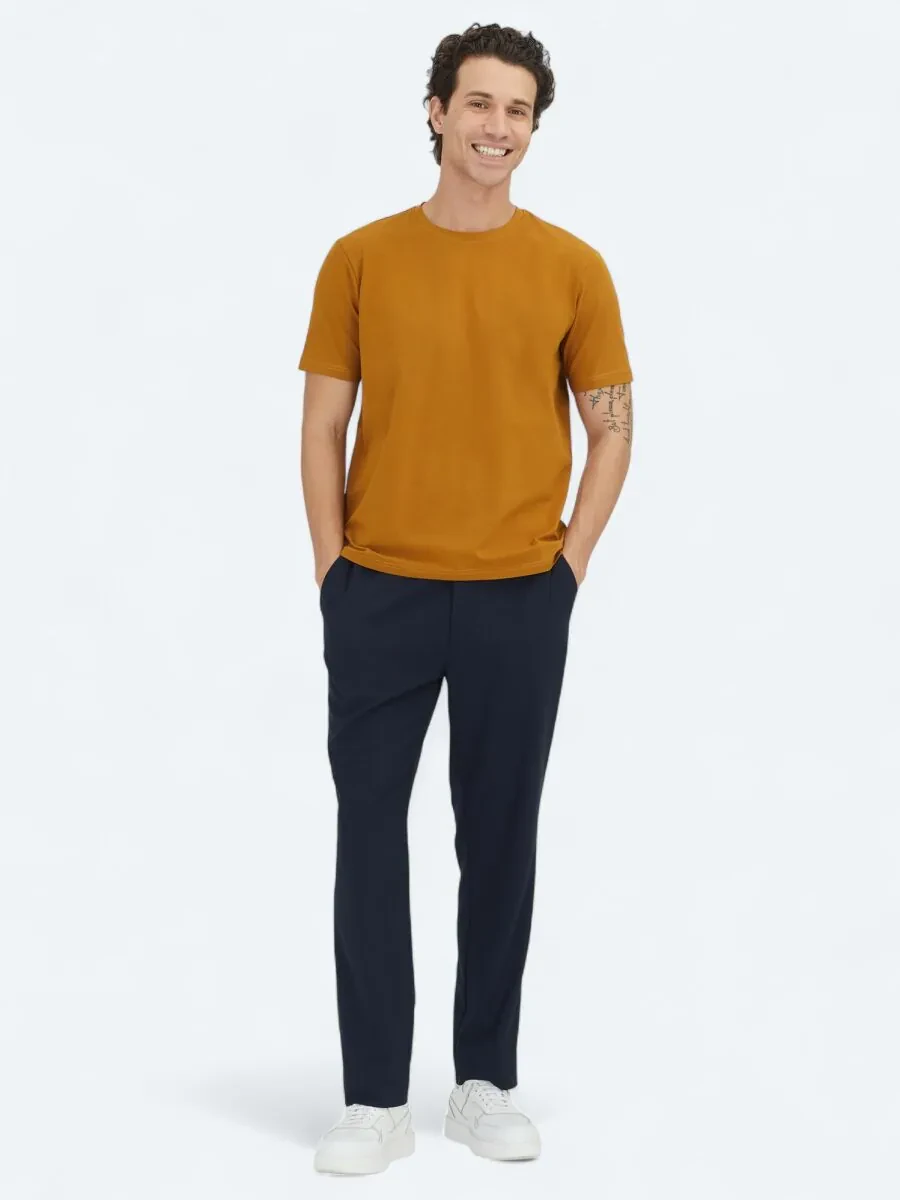 Mustard Plain Crew Neck Cotton Blended T-Shirt - 2