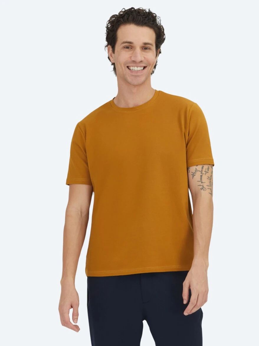 Mustard Plain Crew Neck Cotton Blended T-Shirt - KİP