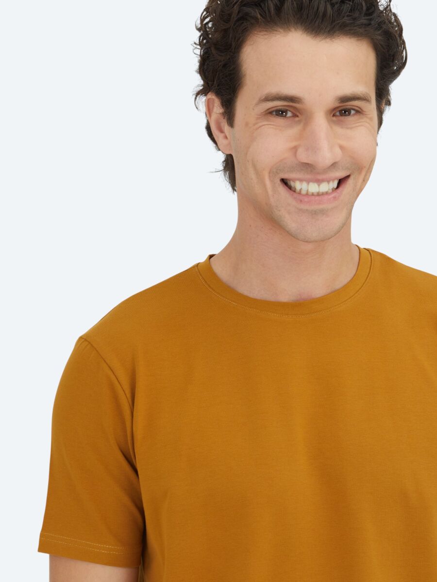 Mustard Plain Crew Neck Cotton Blended T-Shirt - 3