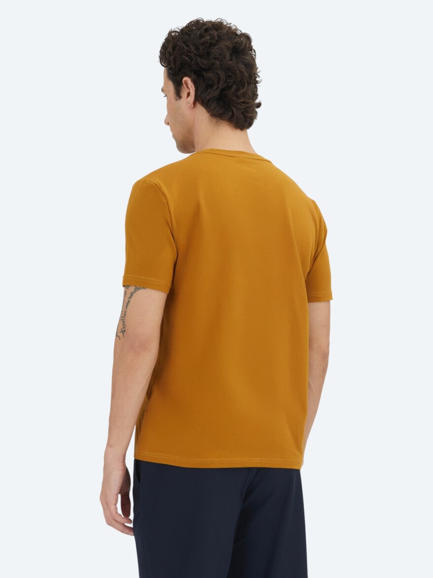 Mustard Plain Crew Neck Cotton Blended T-Shirt - 4
