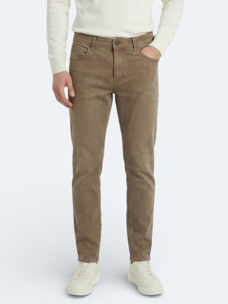 Mustard Slim Fit Denim Cotton Blended Trousers - KİP