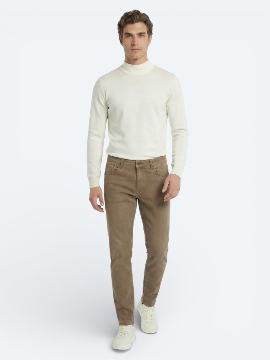 Mustard Slim Fit Denim Cotton Blended Trousers - 3