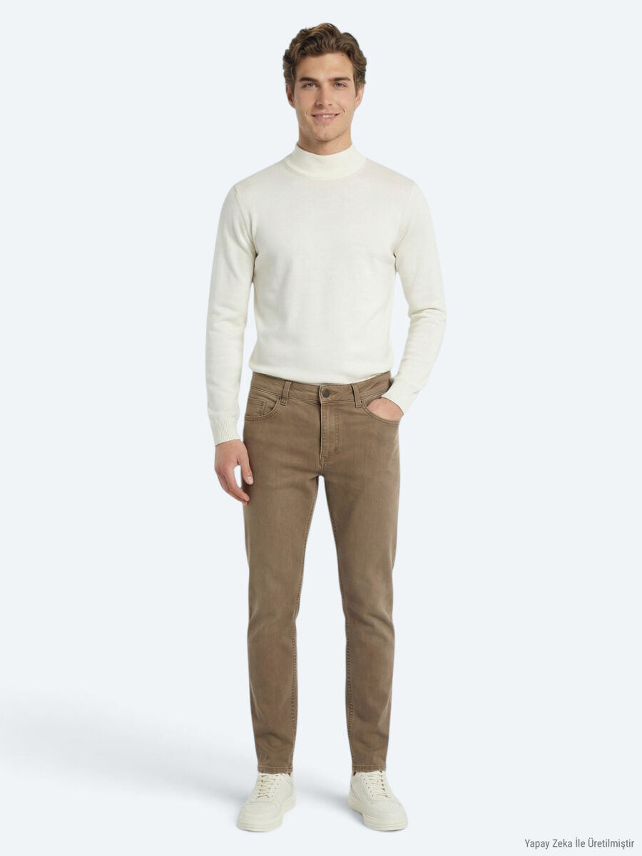 Mustard Slim Fit Denim Cotton Blended Trousers - 1