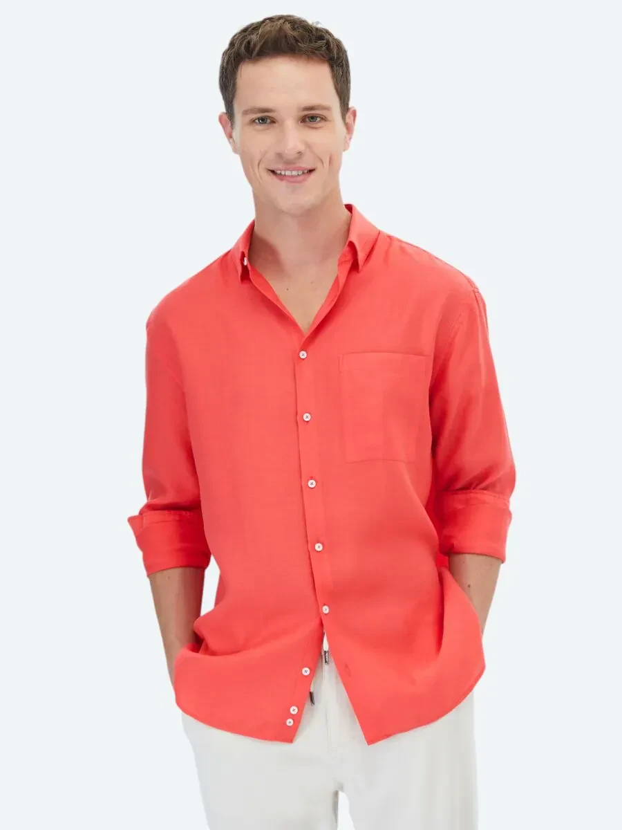 Nar Çiçeği Düz Oversize Fit Dokuma Casual Gömlek - 1