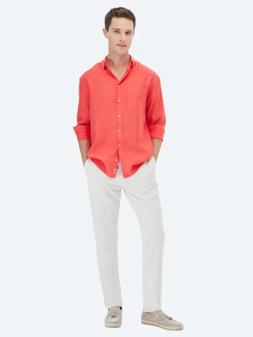 Nar Çiçeği Düz Oversize Fit Dokuma Casual Gömlek - 2