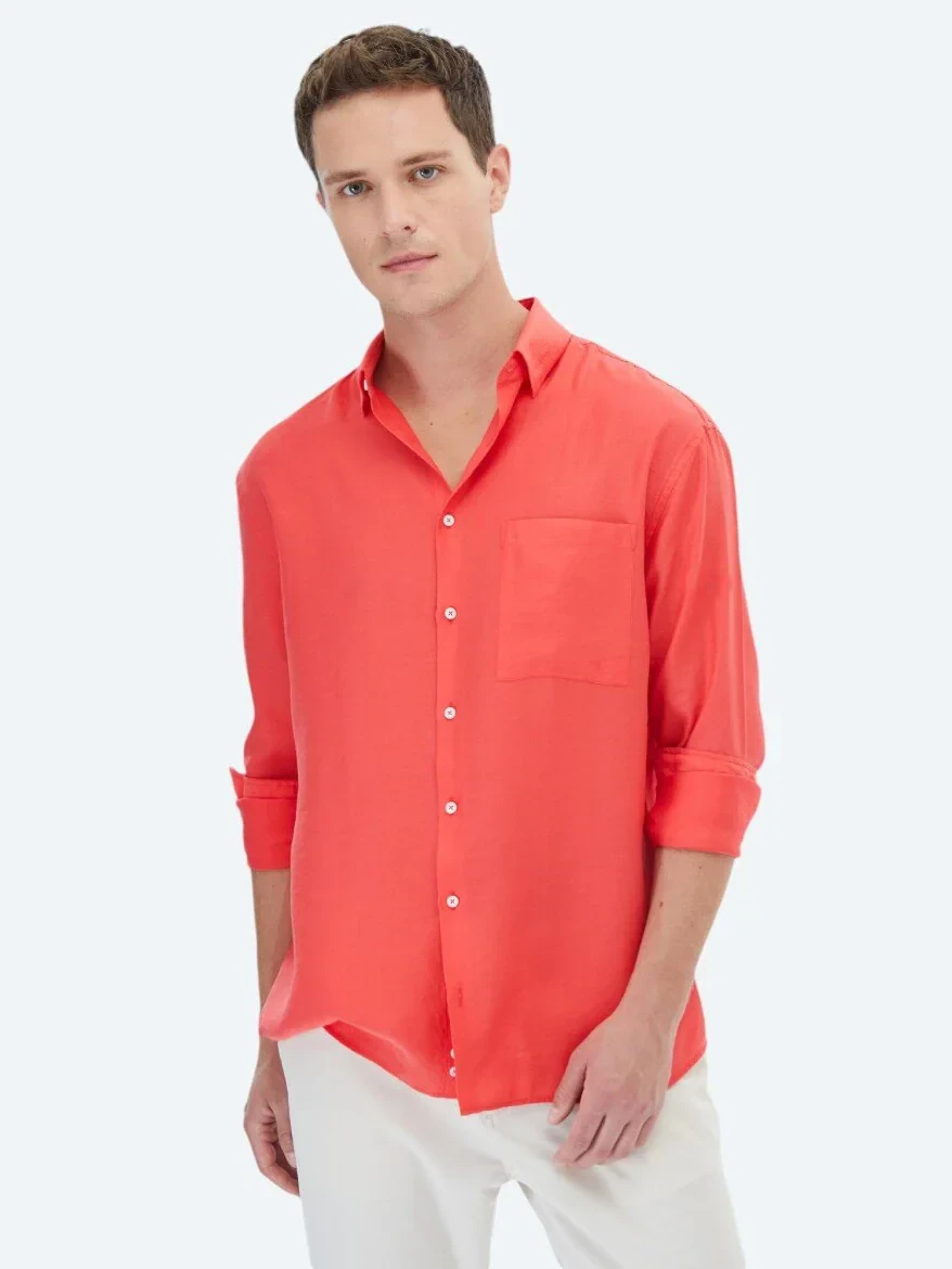 Nar Çiçeği Düz Oversize Fit Dokuma Casual Gömlek - 3
