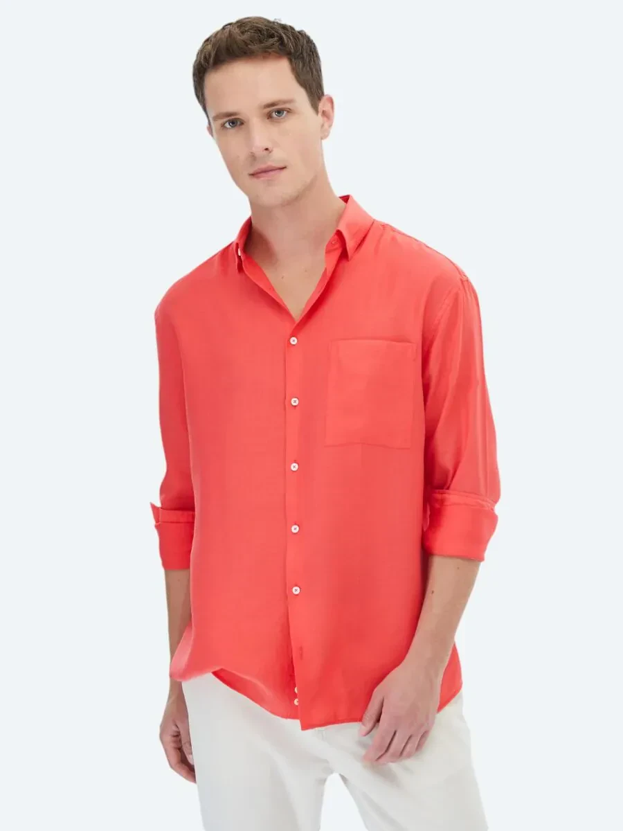Nar Çiçeği Düz Oversize Fit Dokuma Casual Gömlek - 3