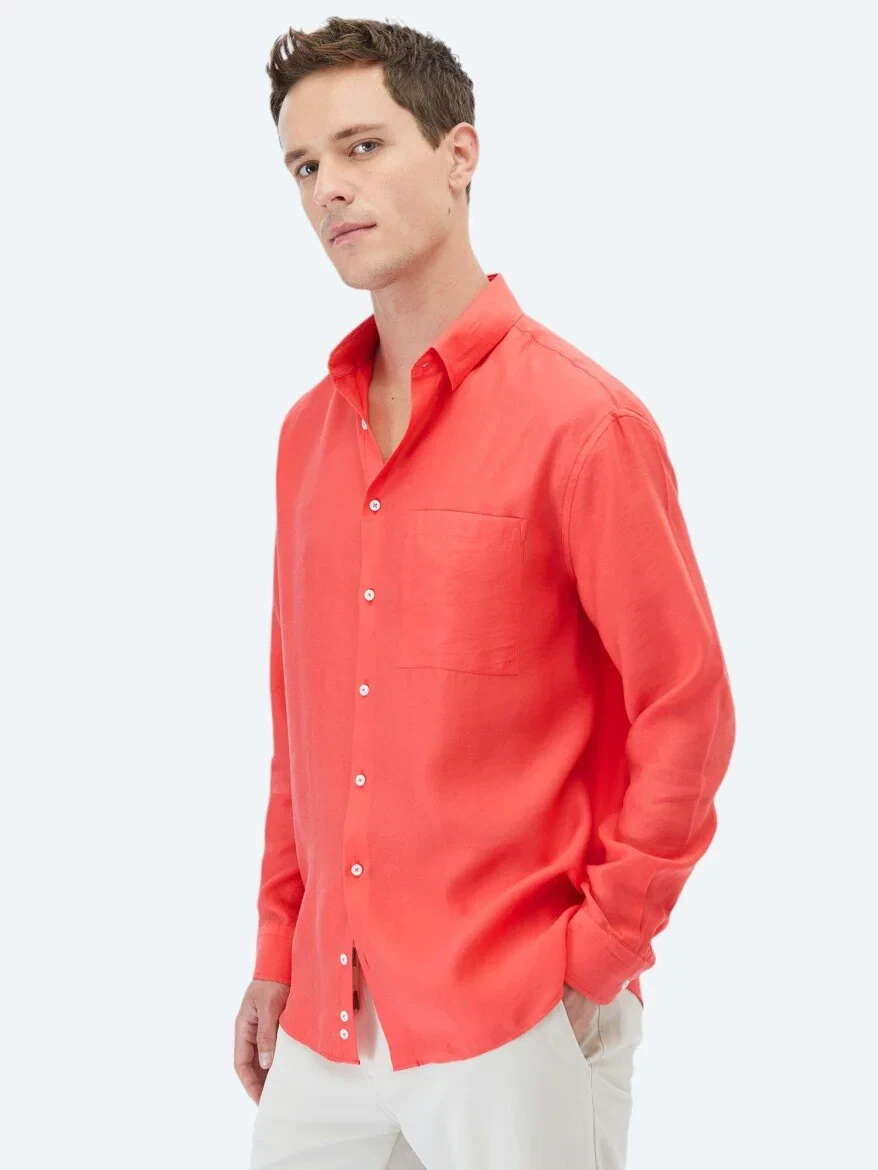 Nar Çiçeği Düz Oversize Fit Dokuma Casual Gömlek 