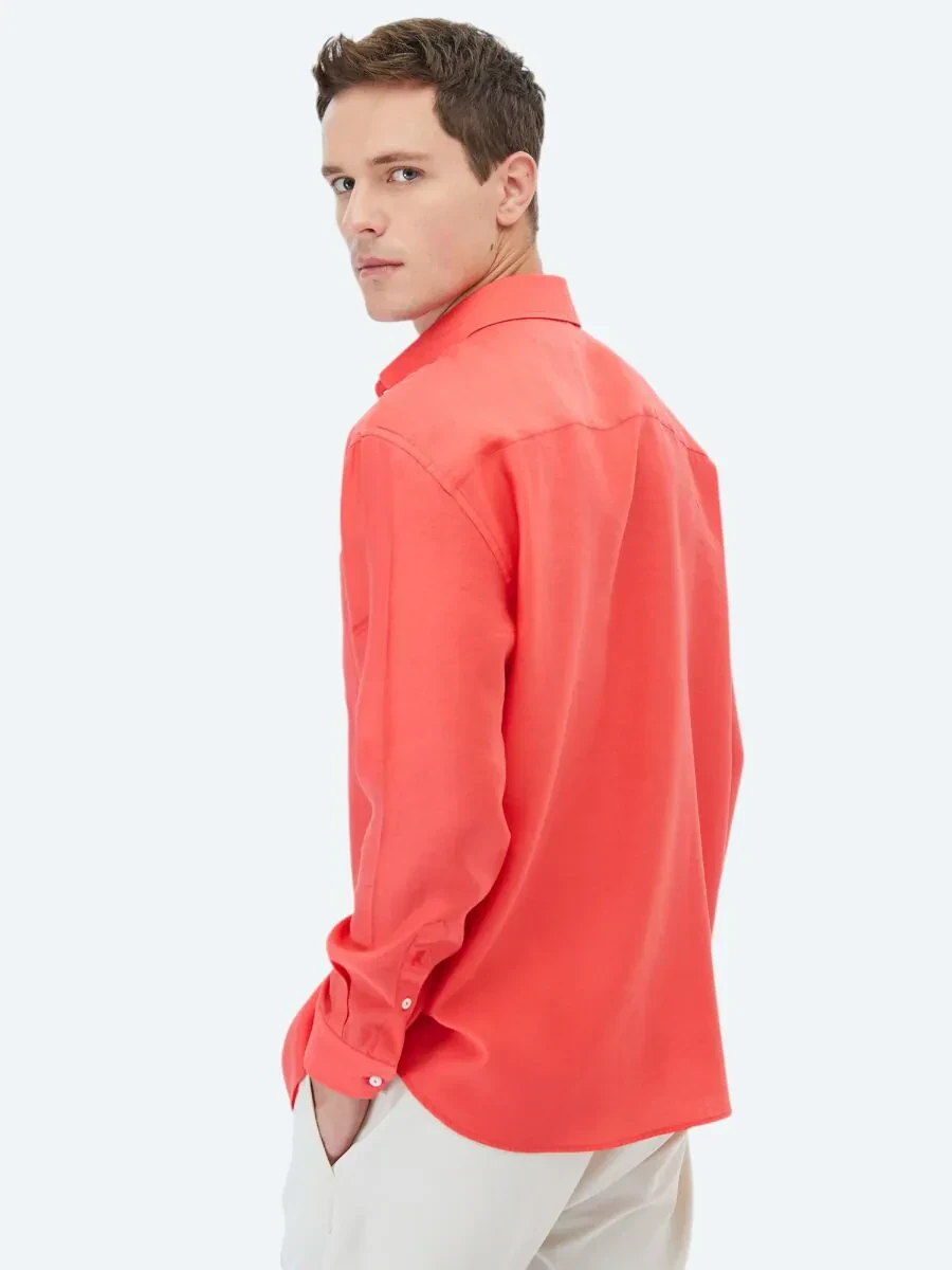 Nar Çiçeği Düz Oversize Fit Dokuma Casual Gömlek - 5
