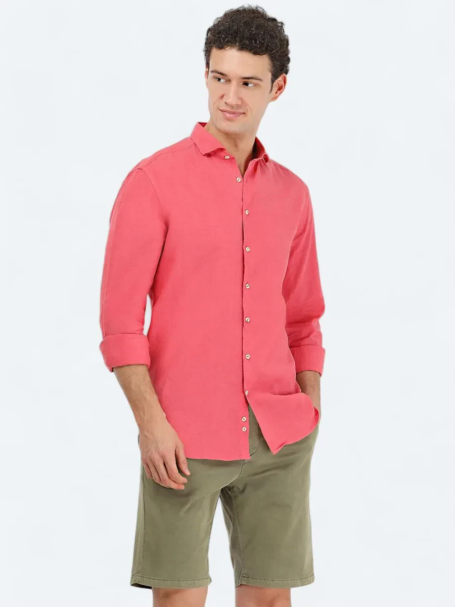 Nar Çiçeği Düz Regular Fit Dokuma Casual Pamuk Karışımlı Gömlek - 1