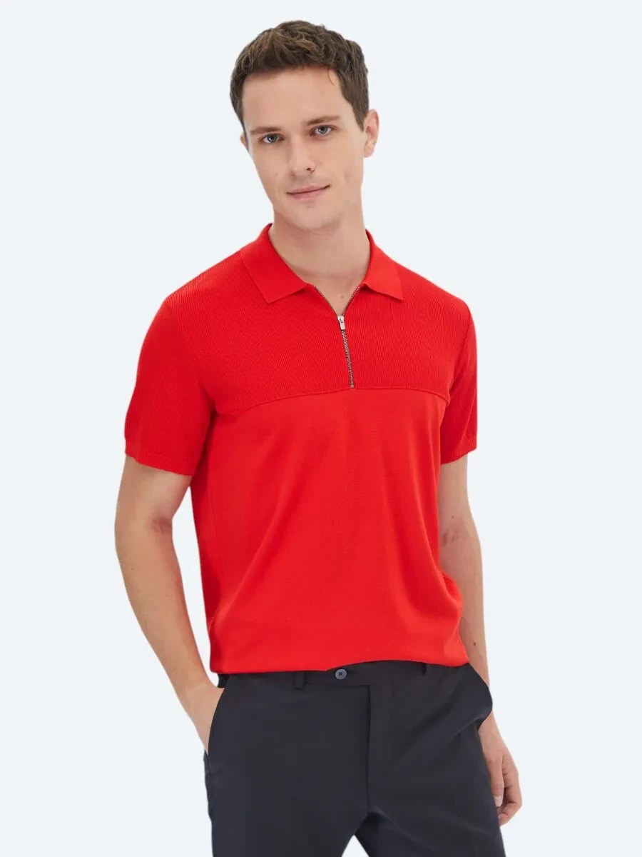 Nar Çiçeği Polo Yaka Jakarlı Triko - 1