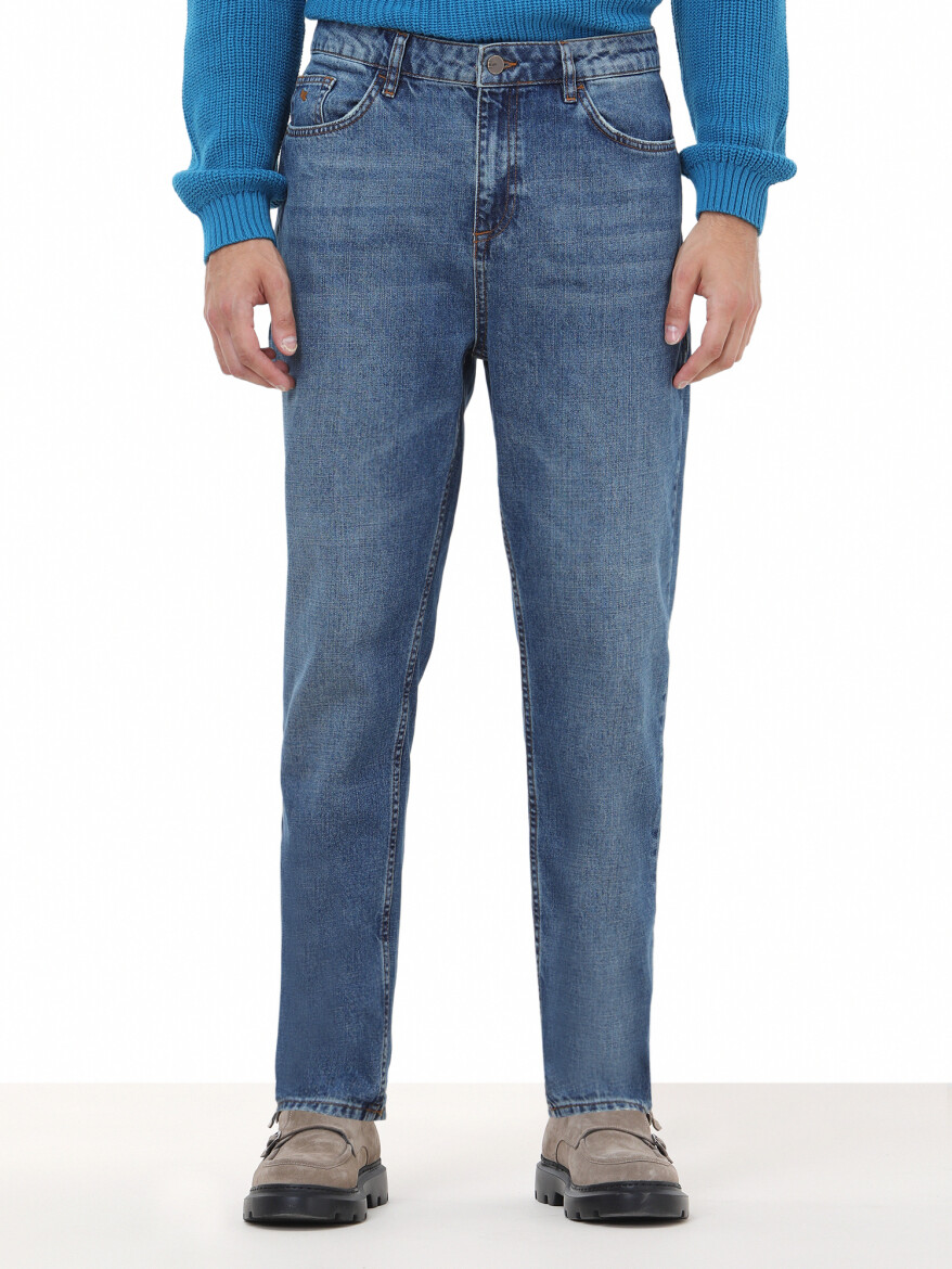Navy Blue Carrot Fit Denim Cotton Blended Trousers - 1