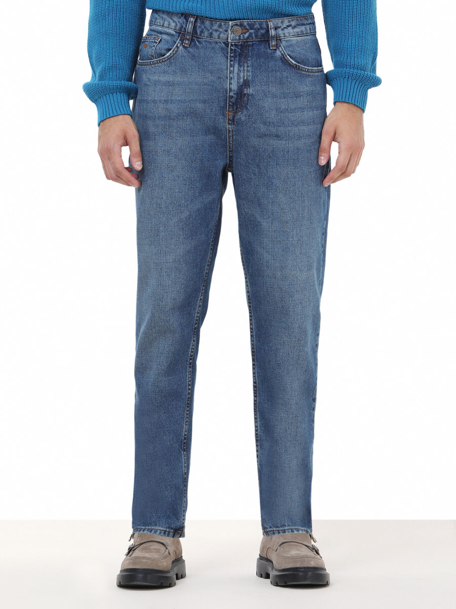 Navy Blue Carrot Fit Denim Cotton Blended Trousers - 1