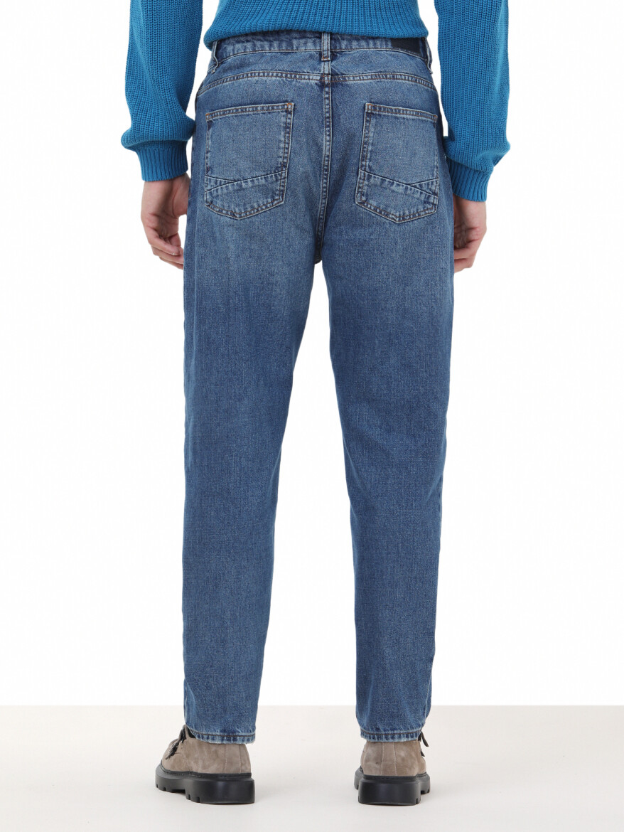 Navy Blue Carrot Fit Denim Cotton Blended Trousers - 4