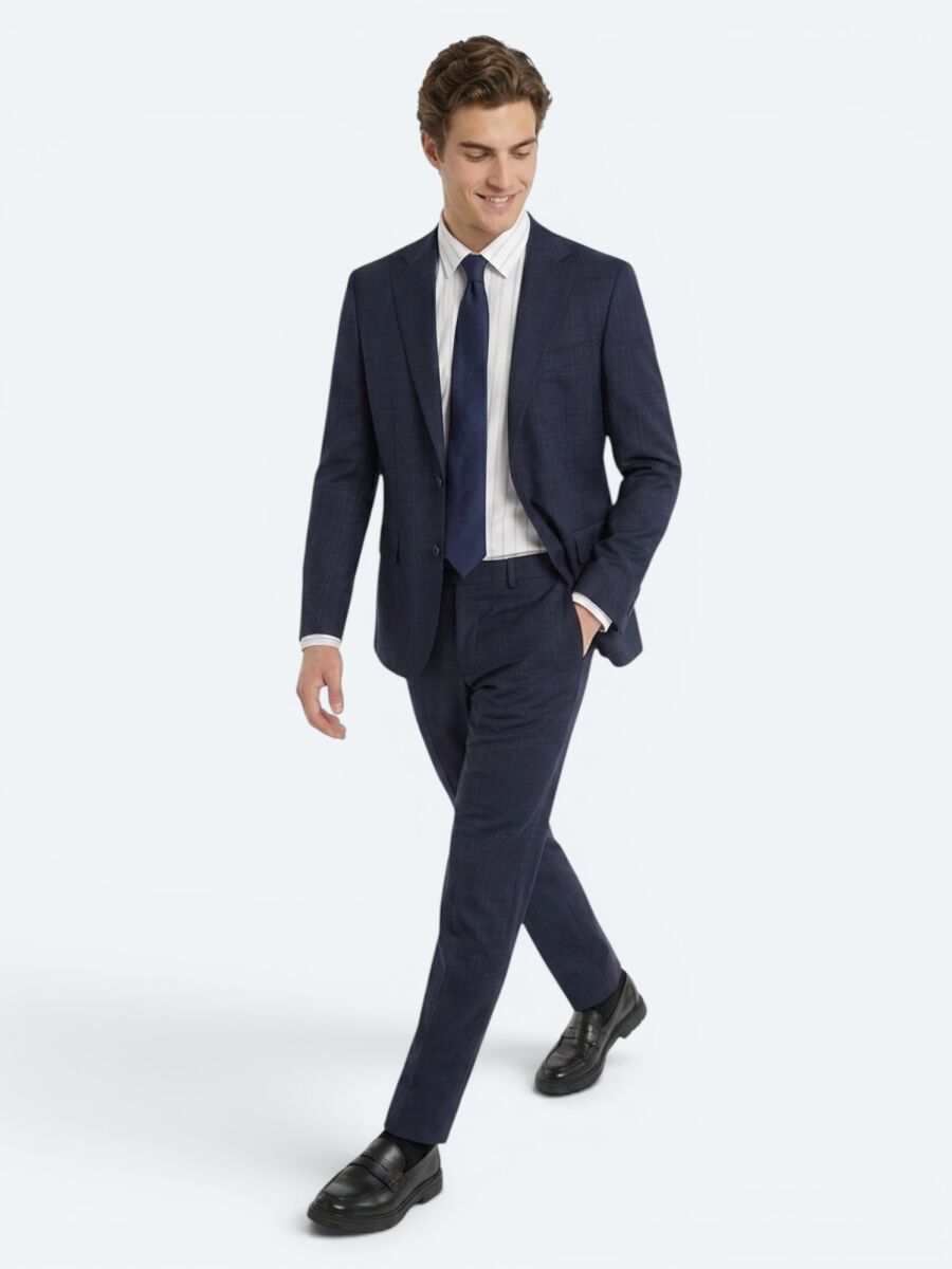 Navy Blue Checkered Modern Fit 100% Wool Suit - 4