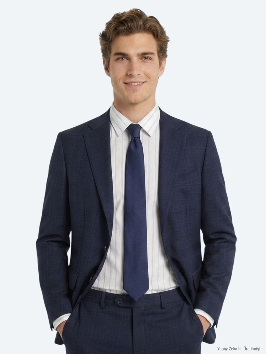 Navy Blue Checkered Modern Fit 100% Wool Suit - 2