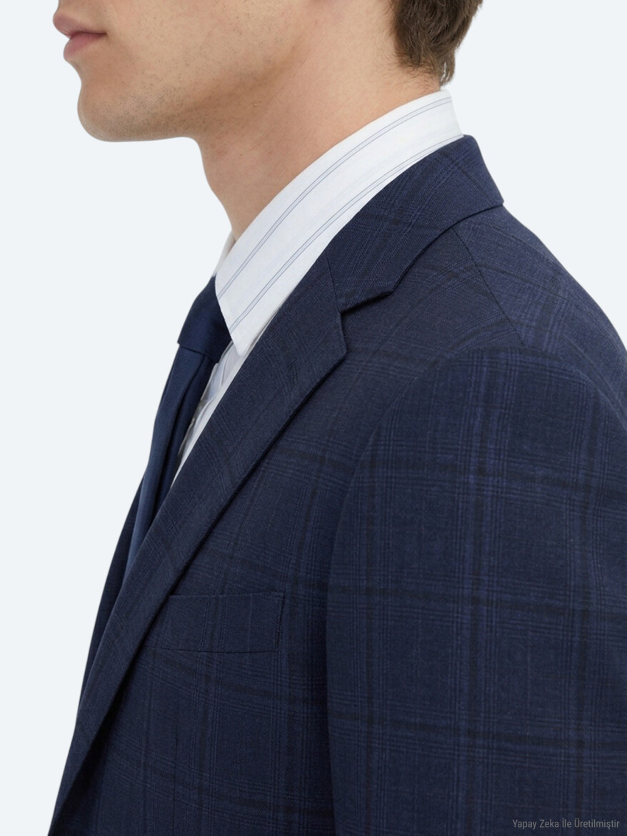 Navy Blue Checkered Modern Fit 100% Wool Suit - 5