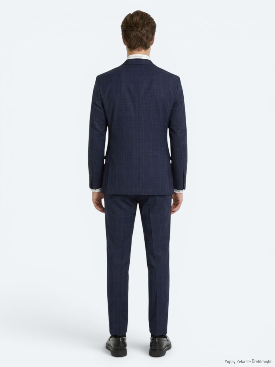 Navy Blue Checkered Modern Fit 100% Wool Suit - 6