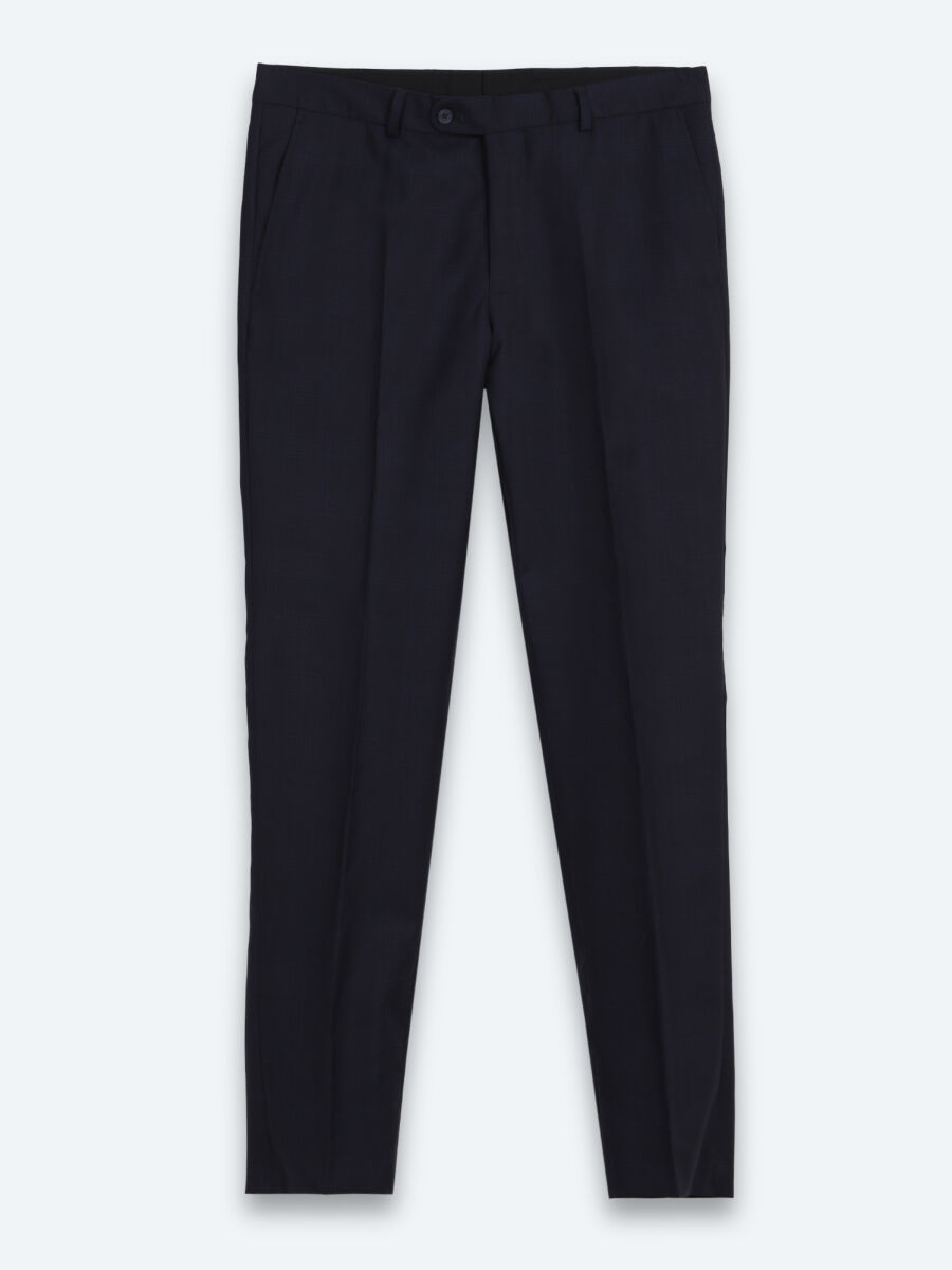 Navy Blue Checkered Modern Fit 100% Wool Suit - 8