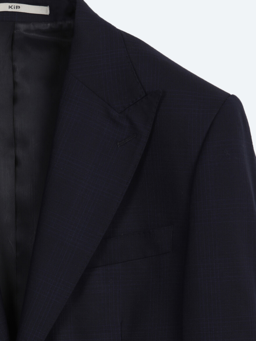 Navy Blue Checkered Modern Fit 100% Wool Suit - 9