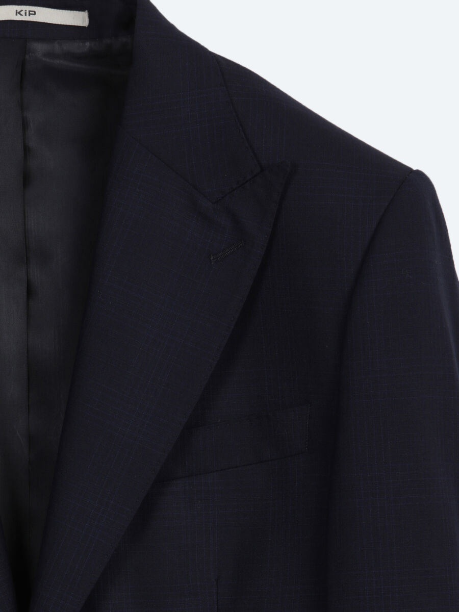 Navy Blue Checkered Modern Fit 100% Wool Suit - 9